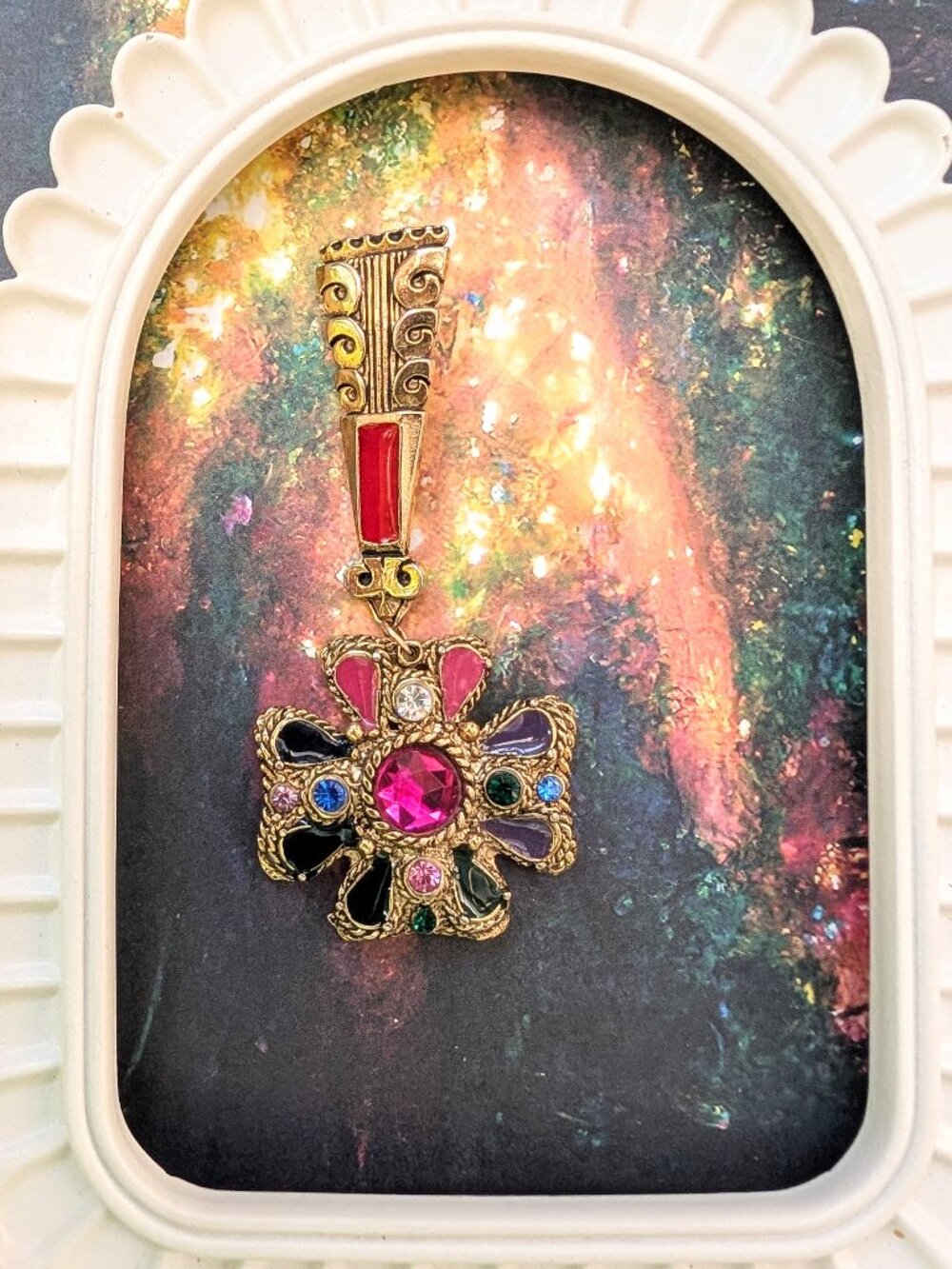 Vintage Maltese Cross brooch with Colorful Enamel & Rhinestones, Faux Medal